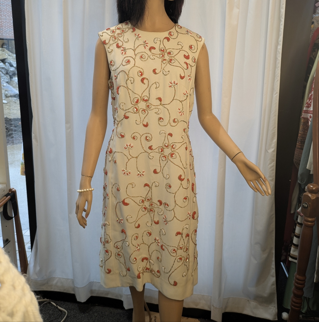 Vintage Beaded Dress Cream With Orange White Gold And Rhinestones Sleeveless